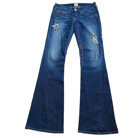Y2K True Religion Women's Size 27x34 Joey Flare Jeans Low Rise Denim Distressed - Picture 1 of 12